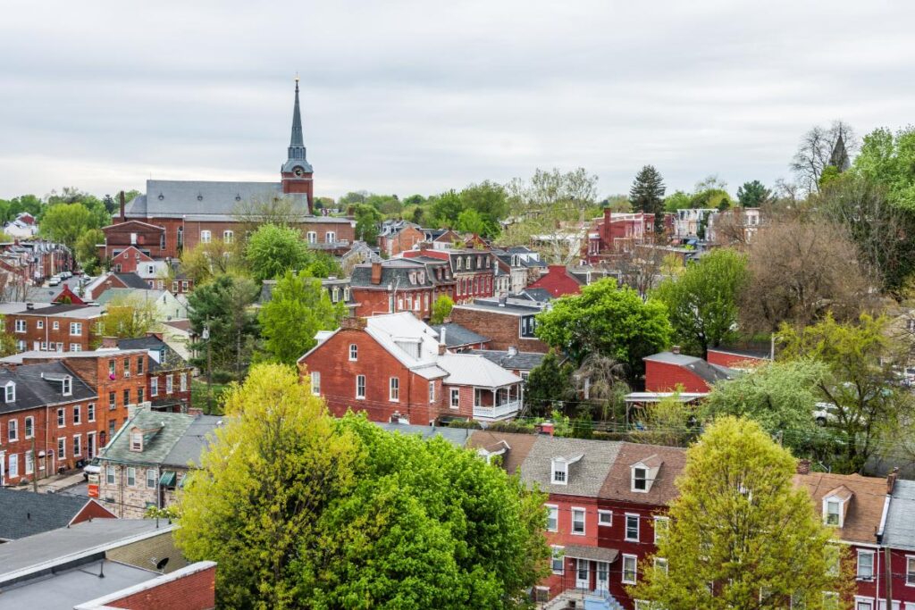 beautiful daytime shot of downtown lancaster pa with historic red brick buildings