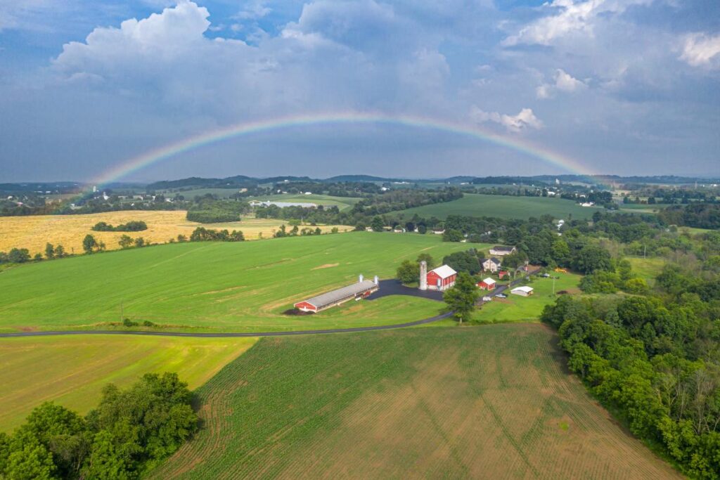 aerial shot of beautiful farms and fields near berks pa
