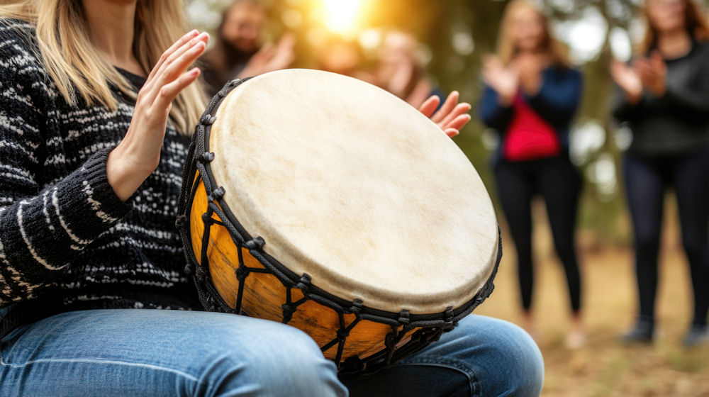 a-woman-playing-the-drums-in-a-drum-circle